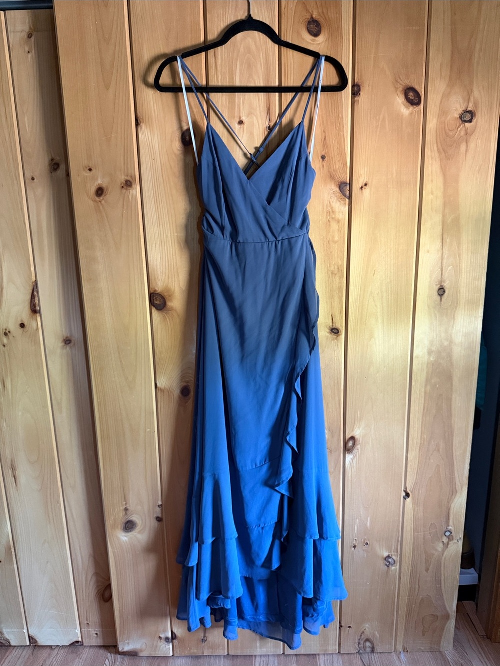 Lulu's Dusty Blue Strappy Ruffle-Hem Maxi Dress